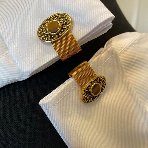 Gold Mess Cufflink with Oval Filigree Shape/Round Tiger Stone - Vintage 1970's - Picture 3 of 9